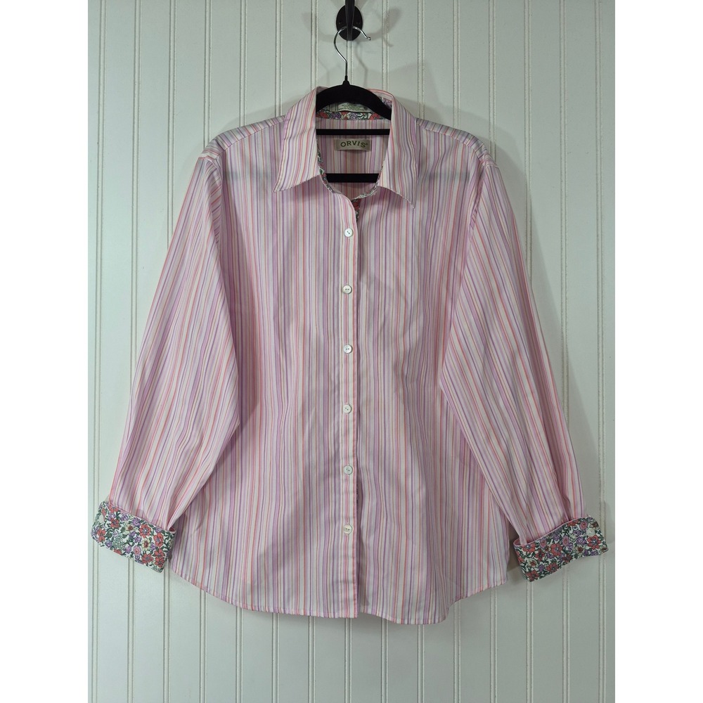Orvis Womens Pink Striped Floral Trim Button Down Shirt Size 12 Carefree Blouse